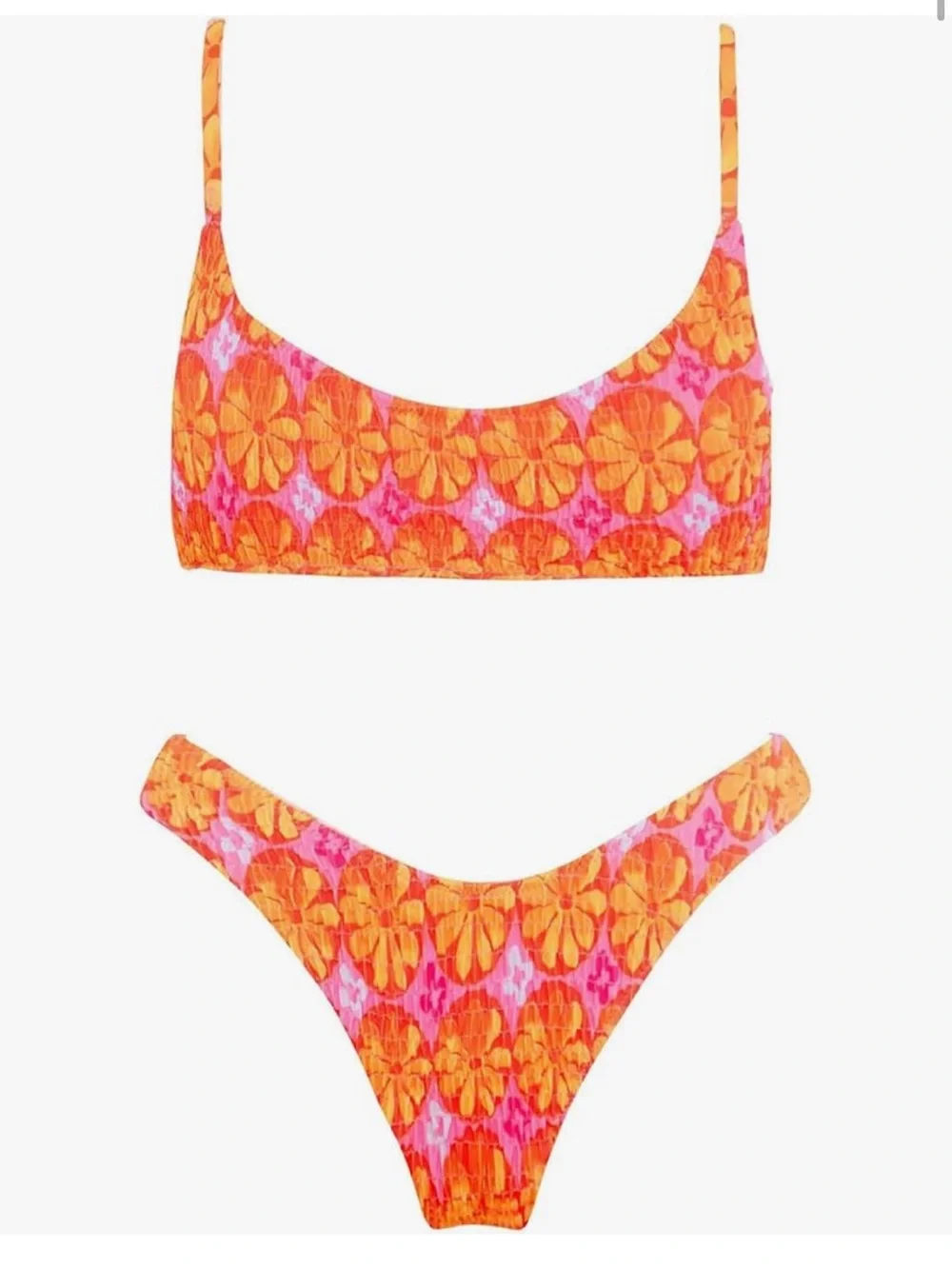 VOLAFA Pink and Orange Floral Smocked Textured Scoop Print Ruched Bikini Set